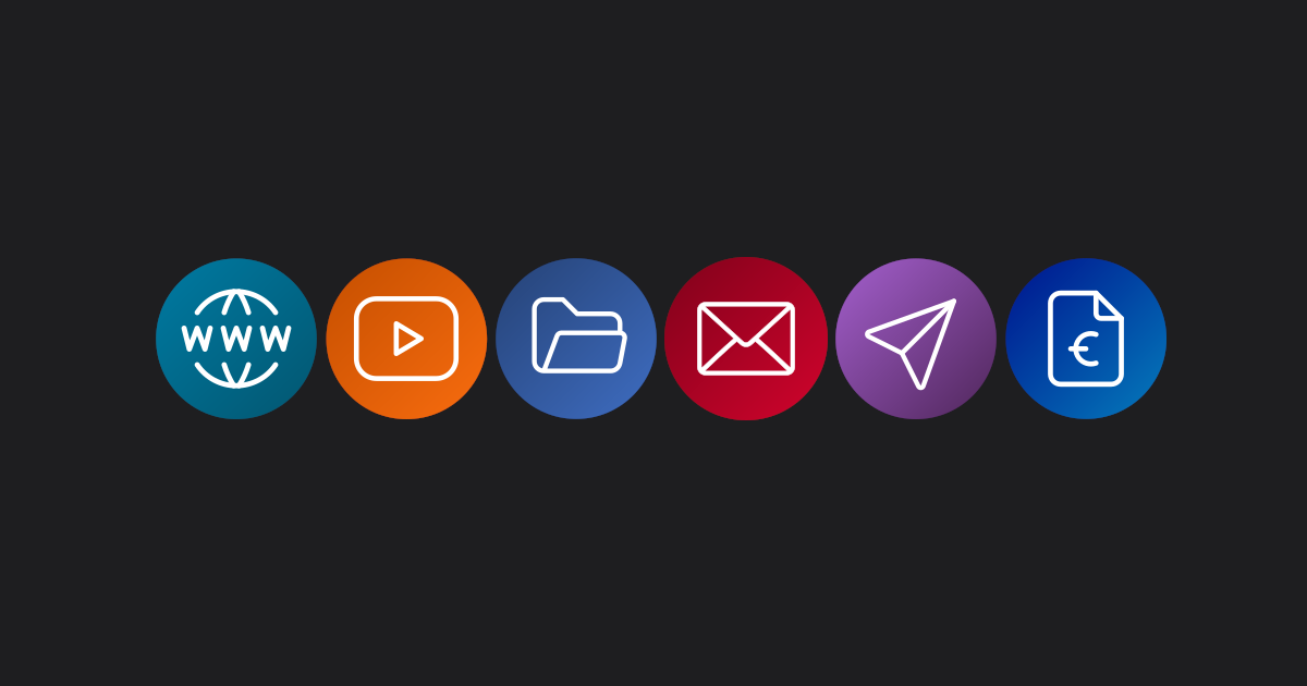 Une image à fond uni avec six logos de services sur fond coloré représentant des pictogrammes d’applications courantes (web, mail, comptabilité…).