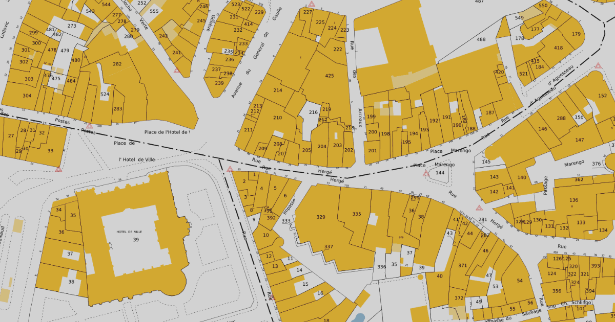 Screenshot of the Cadastre, a map of parcels and street numbers.