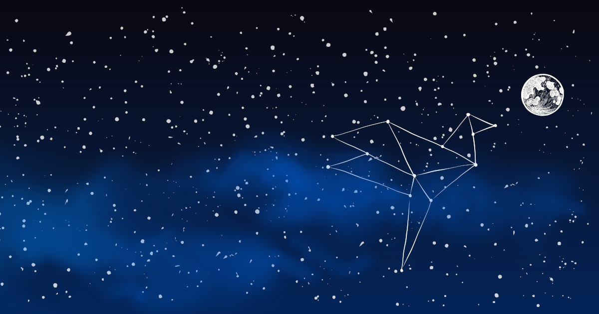 Starry sky with a blue cloud, a moon and a constellation in the shape of the association's logo.