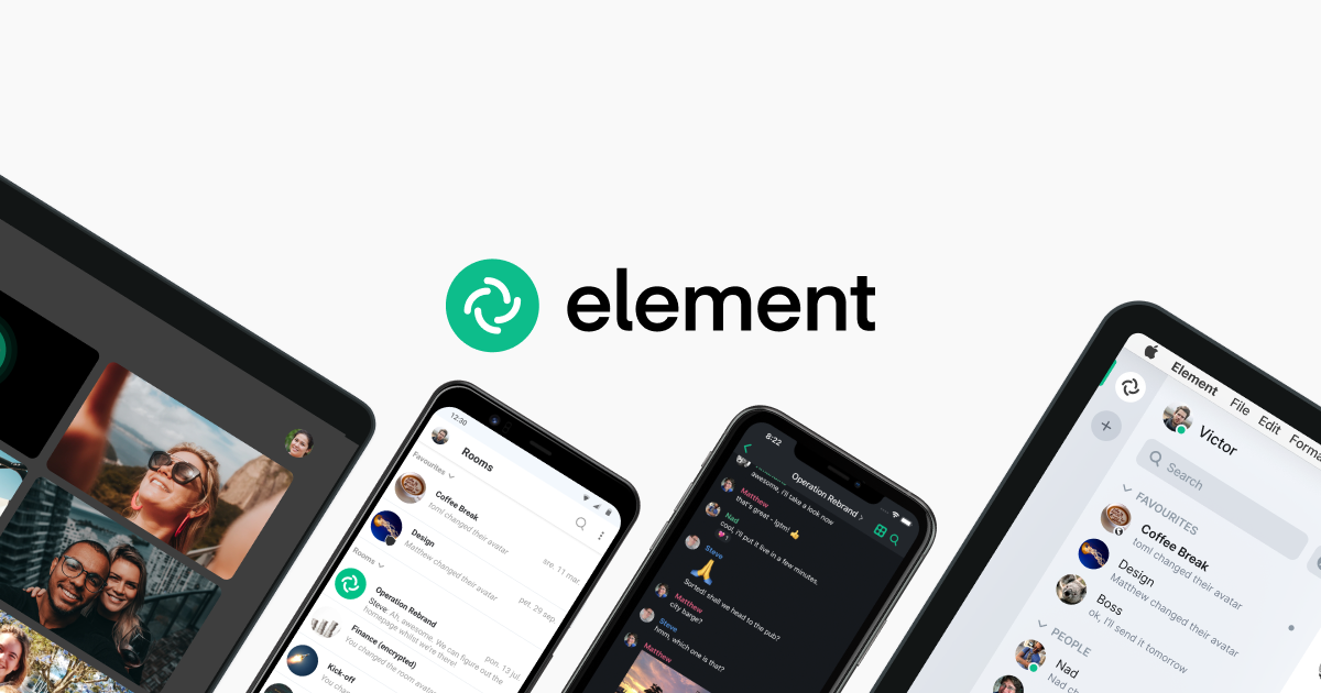 The Element logo with various electronic devices on which the client is open.