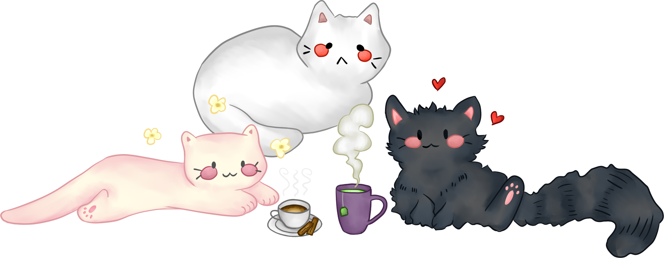 Three cats sharing tea and coffee together, CC-BY Brume