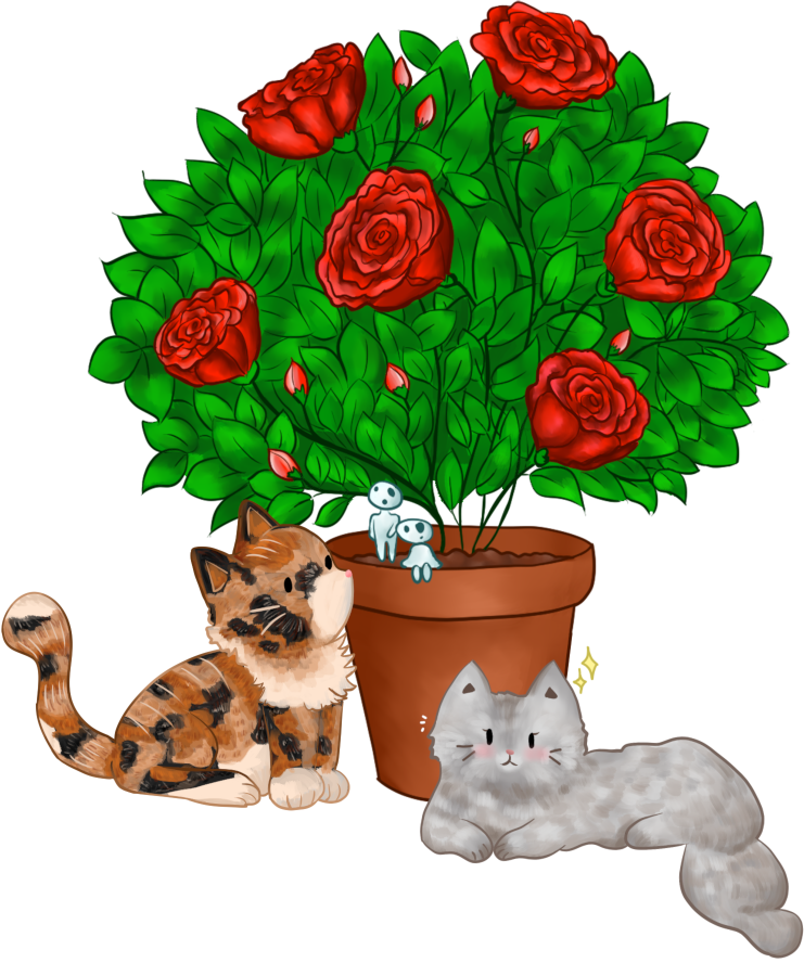 Two cats in front of a large pot of red roses. One stares at the kodama sitting on the edge of the pot