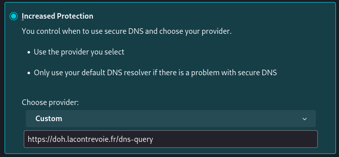 Screenshot of the “Increased Protection” section, with the DoH URL configured