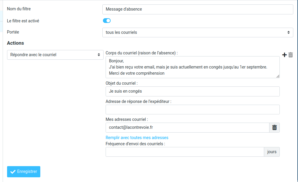 Screenshot of the Filters section with pre-filled fields for automatically resending an out-of-office message