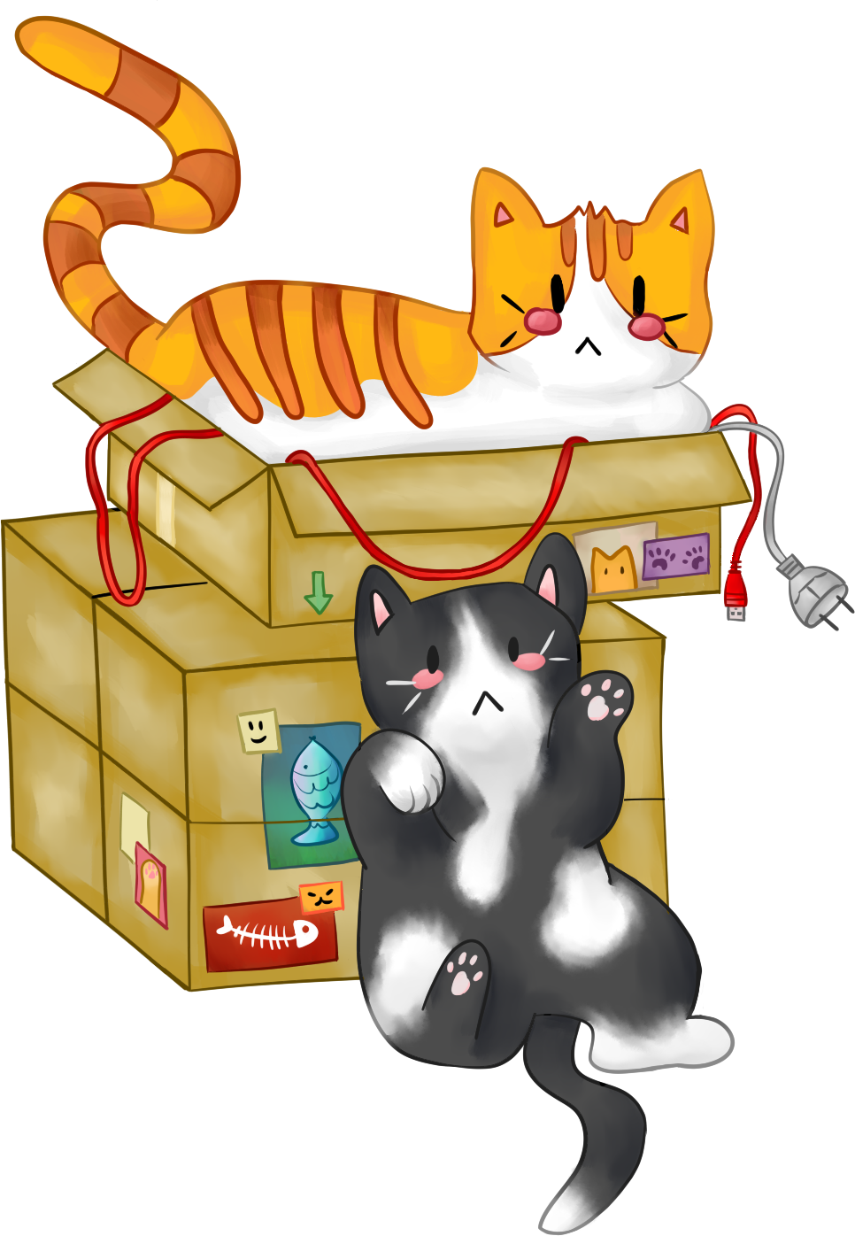 Un chat roux dans un carton de câbles et un autre chat contre les cartons, avec des affiches de chats et de poissons sur les cartons. CC-BY Brume