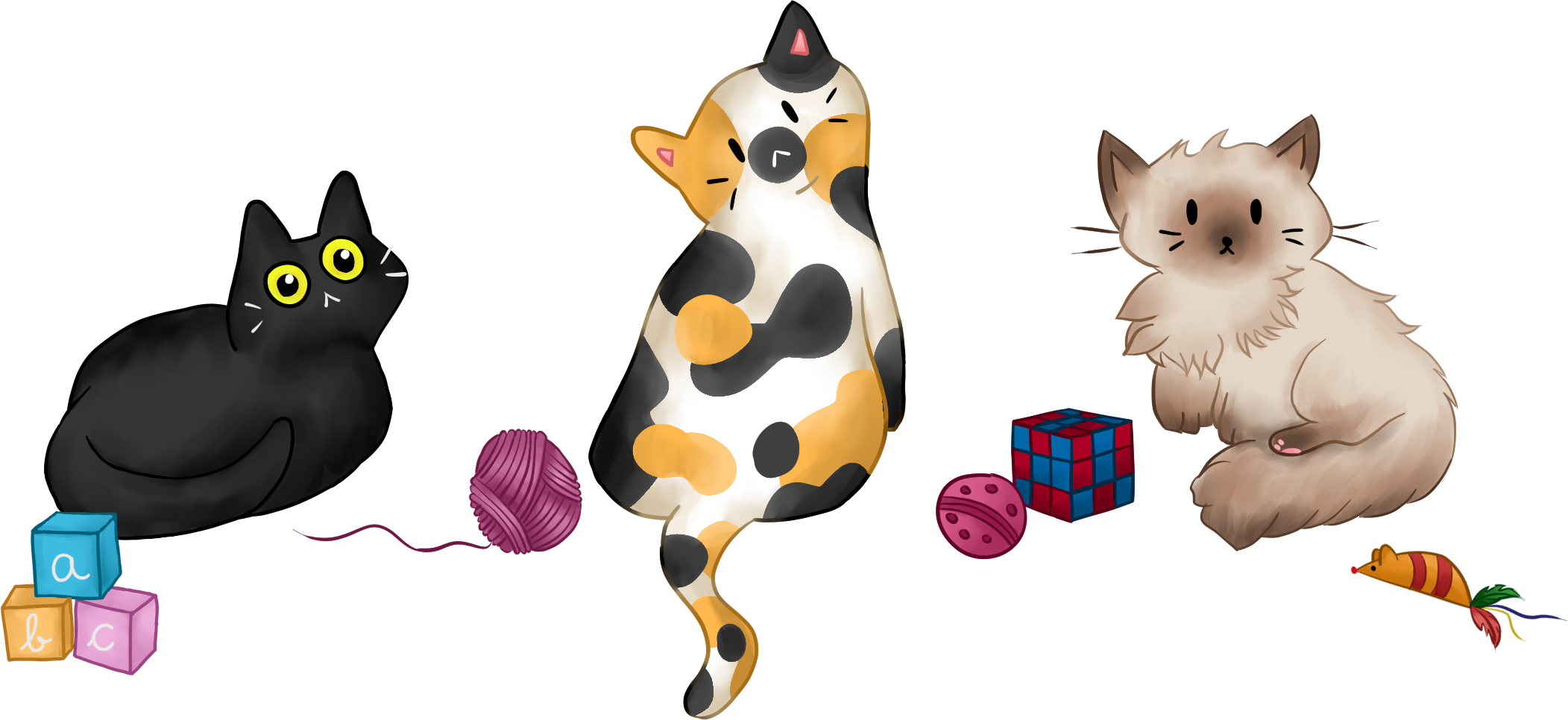Trois chats aux couleurs variées (noir, siamois et isabelle) au milieu de petits jouets : rubik's cube, pelote de laine, cubes de lettres et petite souris. Ils nous fixent. CC-BY Brume