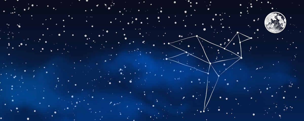 Ciel étoilé avec un nuage bleu, une lune et une constellation en forme du logo de l’association.
