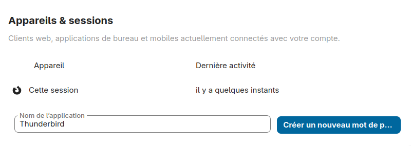 Capture d’écran de la section, “Thunderbird” est saisi en nom d’application