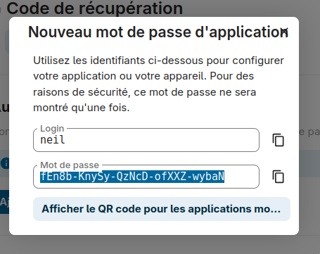 Capture d’écran du mot de passe d’application créé
