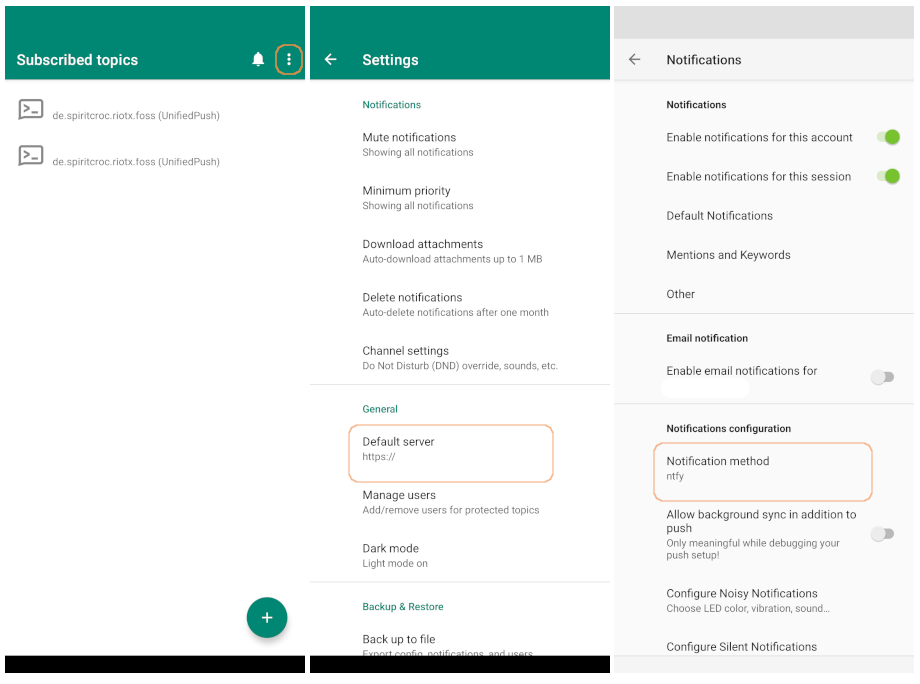 Capture d’écran de l’application ntfy et de ses options