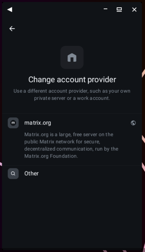 Screenshot of the Element X instance selection screen, offering matrix.org by default