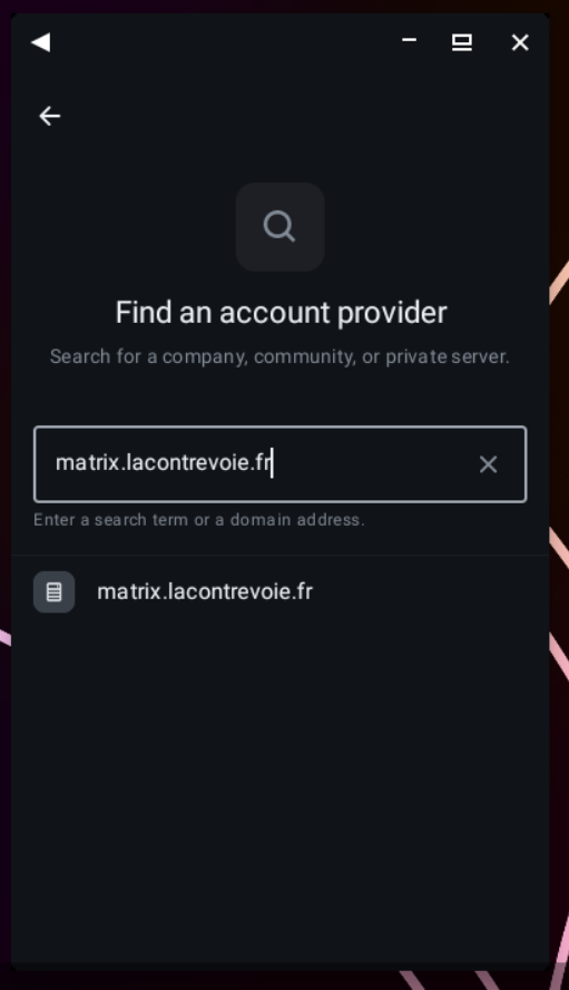 Screenshot of the Element X instance selection screen, prompting you to enter the instance URL