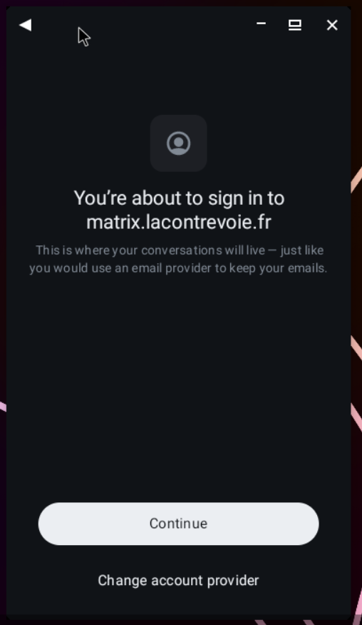 Screenshot of the Element X instance selection screen, with “matrix.lacontrevoie.fr” defined