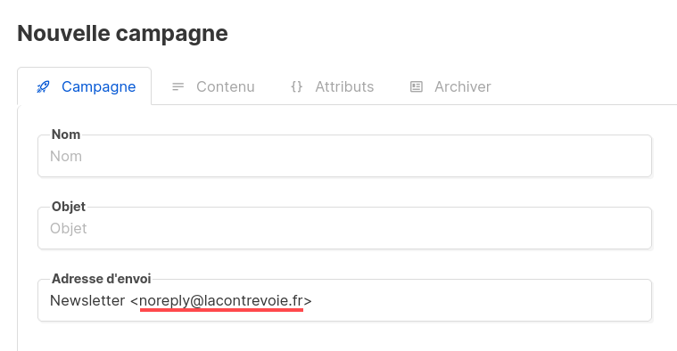 Capture d’écran de la page « Nouvelle campgane » avec le contenu du champ Adresse d’envoi souligné en rouge.