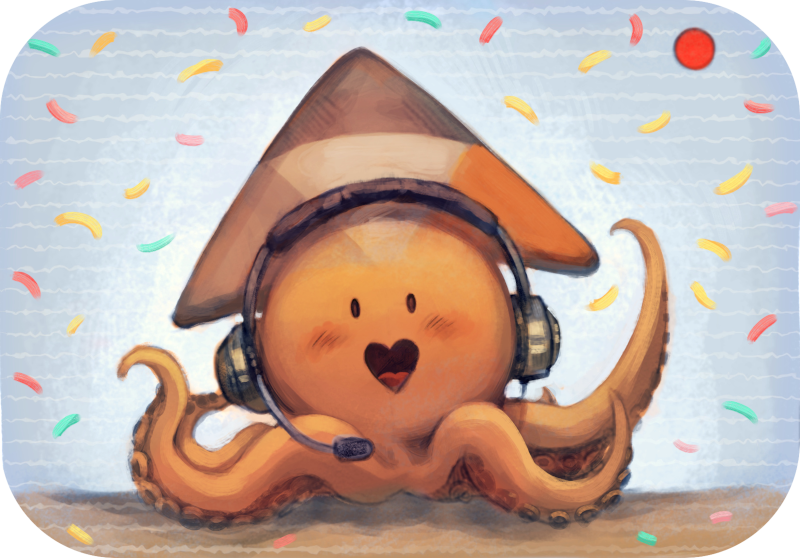 Image de la mascotte de PeerTube (Sepia) joyeuse, portant un casque, derrière un écran en live.